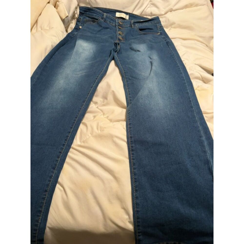 Angels of Difference  Size 12/31 Button Fly Blue distressed Denim Straight Leg